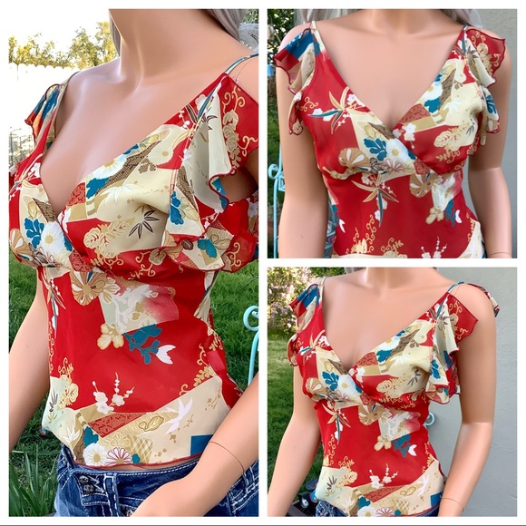 VTG Sm/Med 6 Crop Top Sheer Flutter Sleeve Blouse - Picture 3 of 8